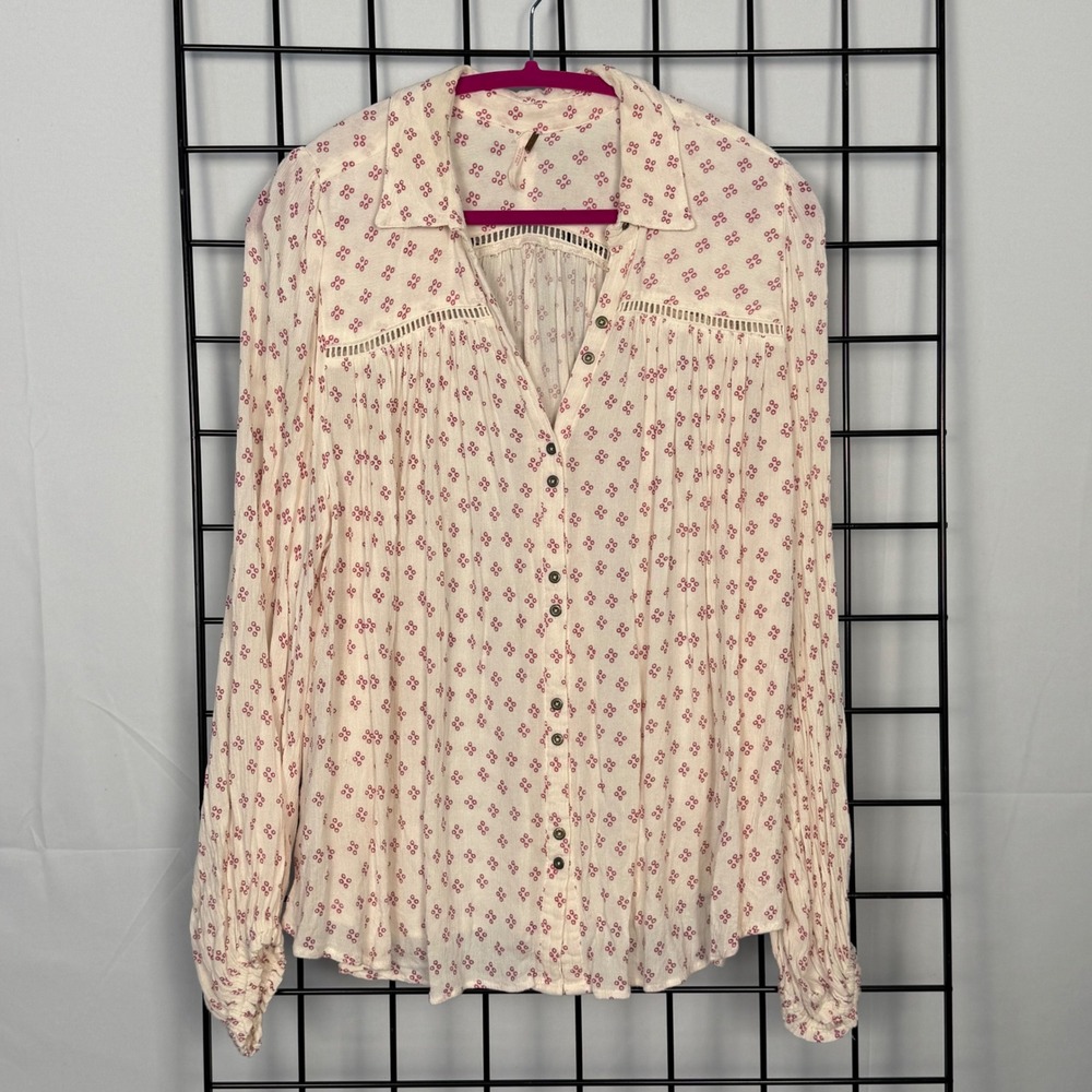 Free People Printed Evening Walk‎ Buttondown Blouse Womens Small Ivory Floral